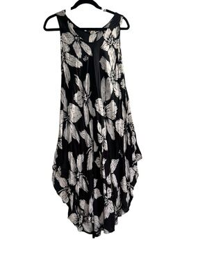 Ace Fashion Black White Floral Flowy Dress Free Size Boho Lagenlook